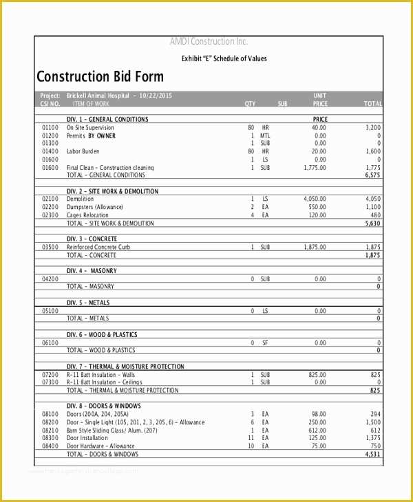 Contractor Bid Sheet Template Free Of Construction Bid Template