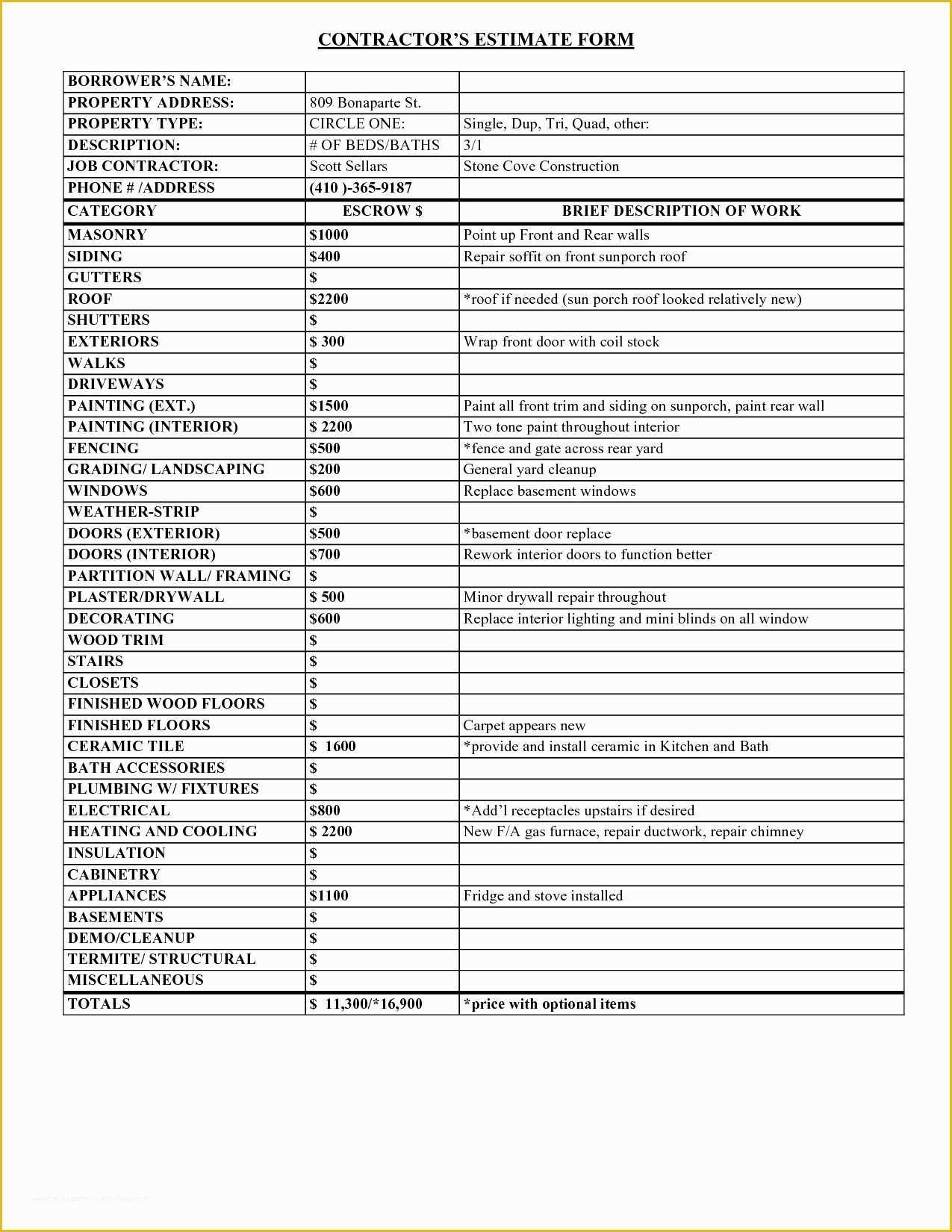 Contractor Bid Sheet Template Free Of Estimate Template Free – Amandae