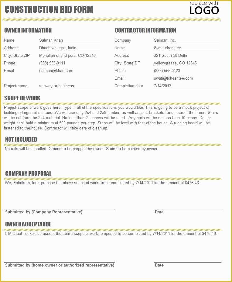Contractor Bid Sheet Template Free Of Free Construction Time and Material forms