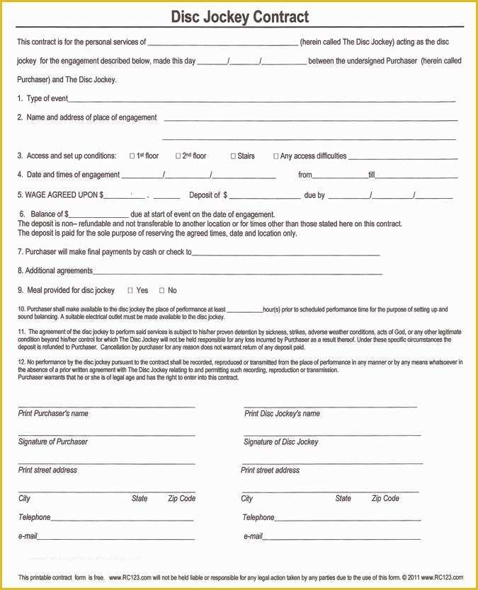 Contractor Service Agreement Template Free Of Printable Blank Contract form for Disc Jockey with 12