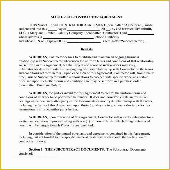 Contractor Service Agreement Template Free Of Subcontractor Agreement 13 Free Pdf Doc Download