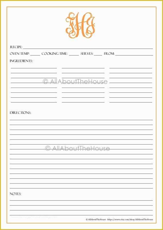 Cookbook Page Template Free Of Monogram Recipe Sheet Editable Recipe Card Preppy Template