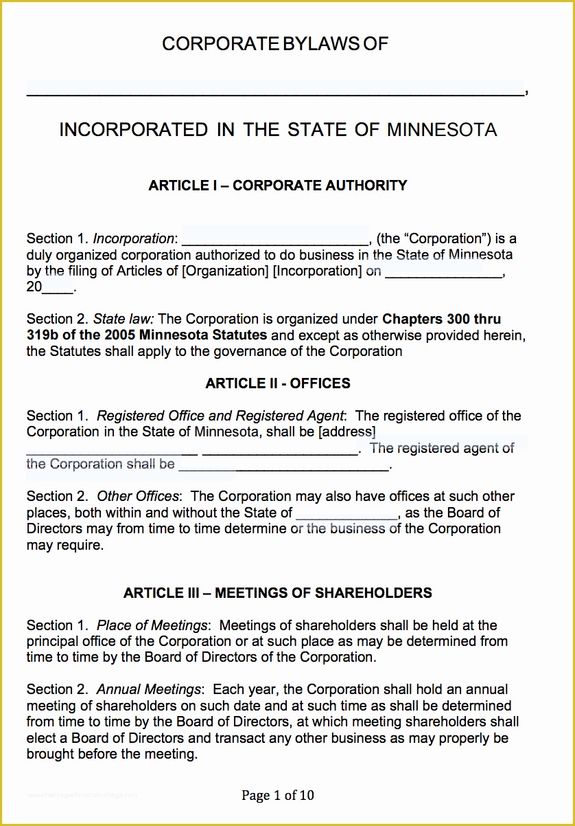 Corporate bylaws Template Free Of Free Minnesota Corporate bylaws Template Pdf