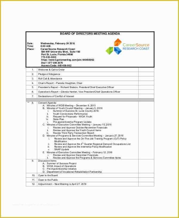 Corporate Meeting Minutes Template Free Of 12 Board Of Directors Meeting Agenda Templates – Free