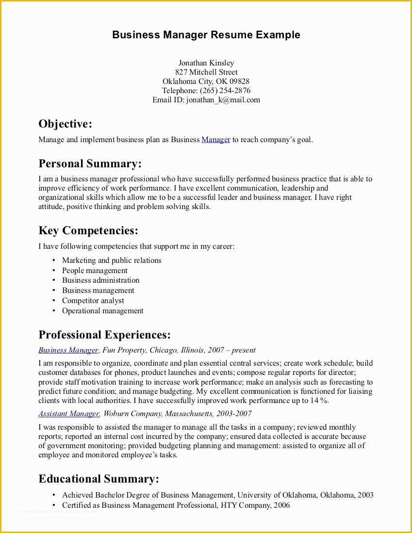 Corporate Resume Template Free Of Business Management Resume Samples