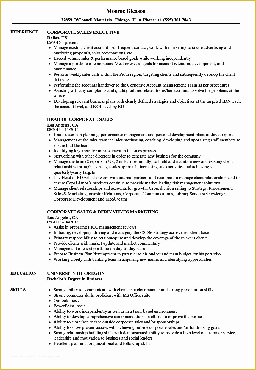 Corporate Resume Template Free Of Corporate Sales Resume Samples