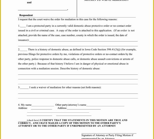 Court Document Templates Free Of Motion to Waive Mediation Iowa Court forms Printable Pdf