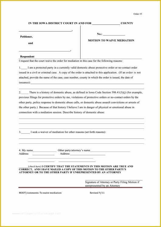 Court Document Templates Free Of Motion to Waive Mediation Iowa Court forms Printable Pdf