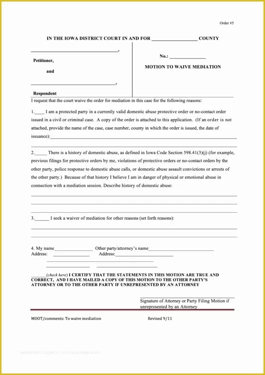 Court Document Templates Free Of Motion to Waive Mediation Iowa Court forms Printable Pdf