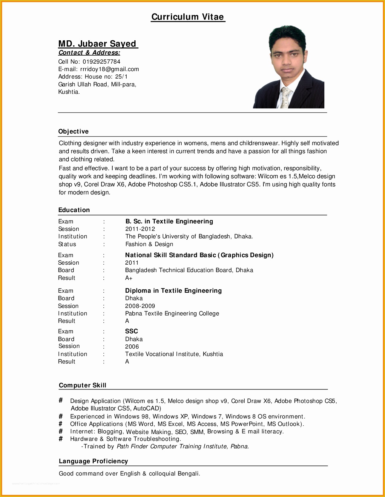 Curriculum Vitae Template Free Of Standard Cv format Bangladesh Professional Resumes Sample