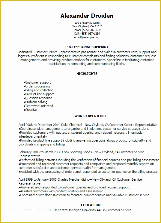 Customer Service Resume Template Free Of 1 Customer Service Representative Resume Templates Try