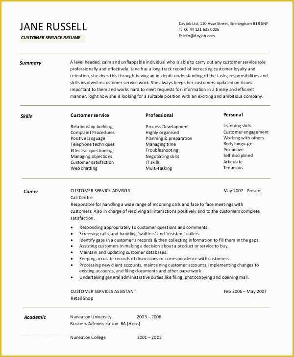 Customer Service Resume Template Free Of 11 Customer Service Resume Templates Pdf Doc