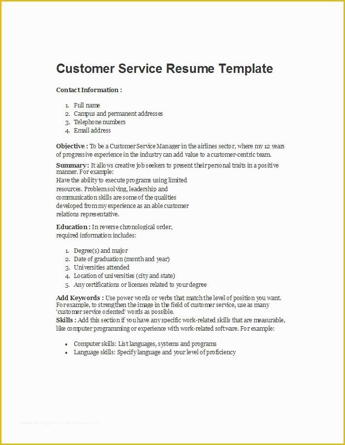 Customer Service Resume Template Free Of 30 Customer Service Resume Examples Template Lab