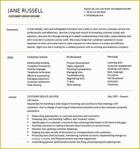 Customer Service Resume Template Free Of 8 Customer Service Resume Templates – Free Samples