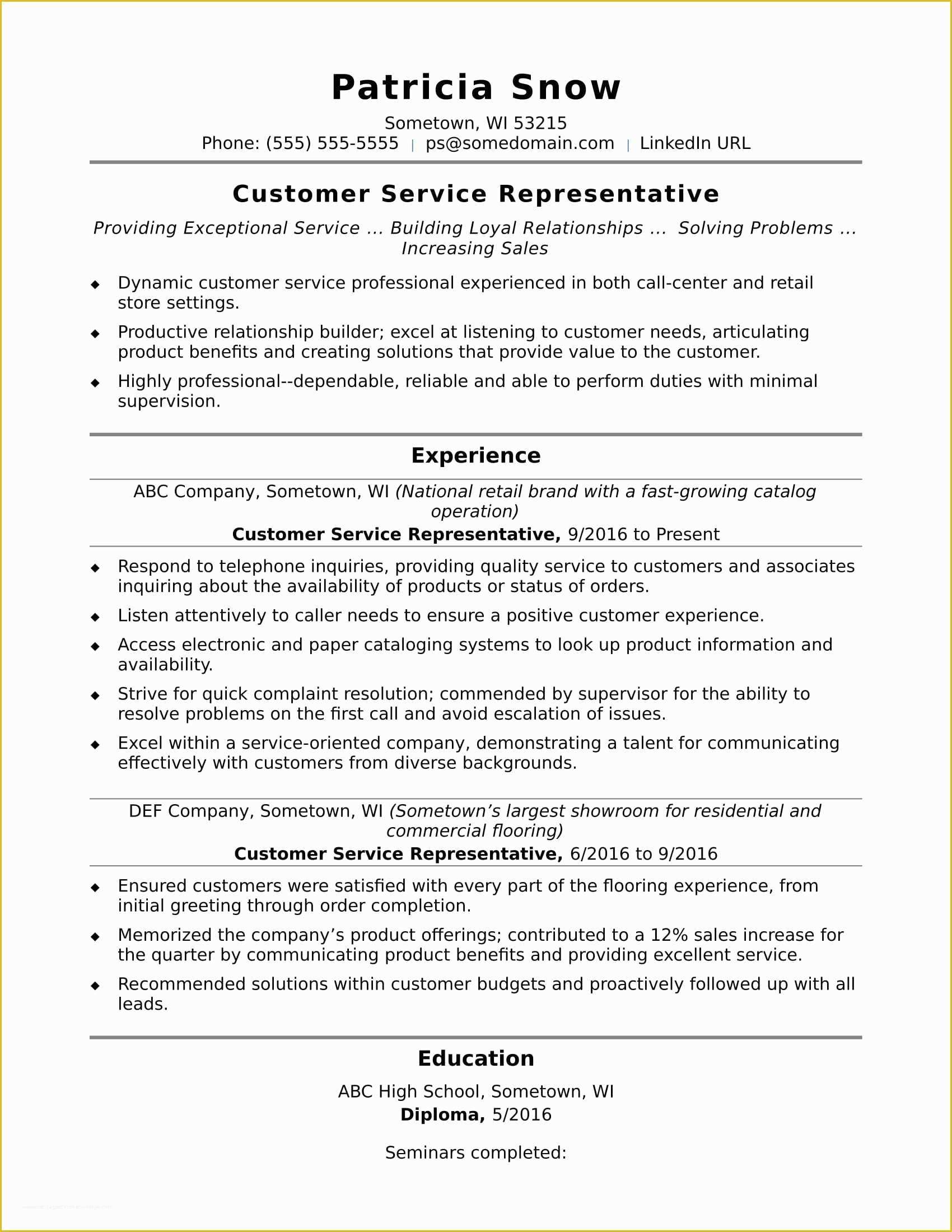 Customer Service Resume Template Free Of Customer Service Representative Resume Sample