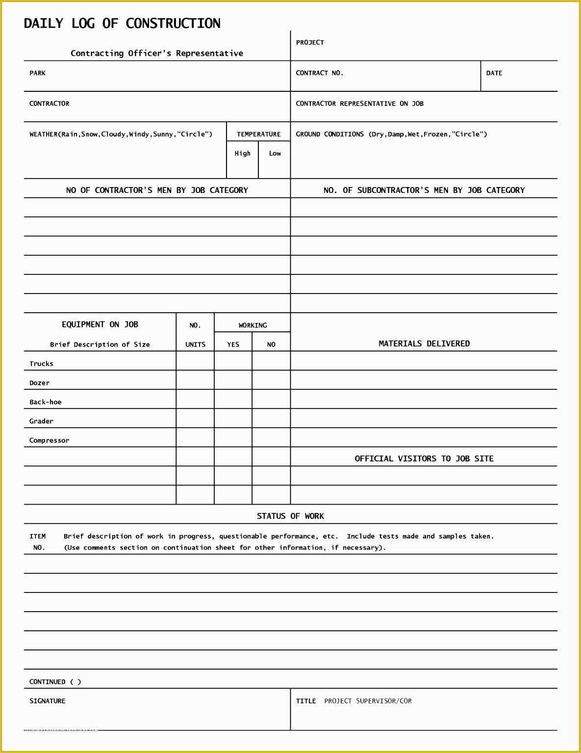 Daily Construction Log Template Free Of Daily Construction Log Template 29 Construction