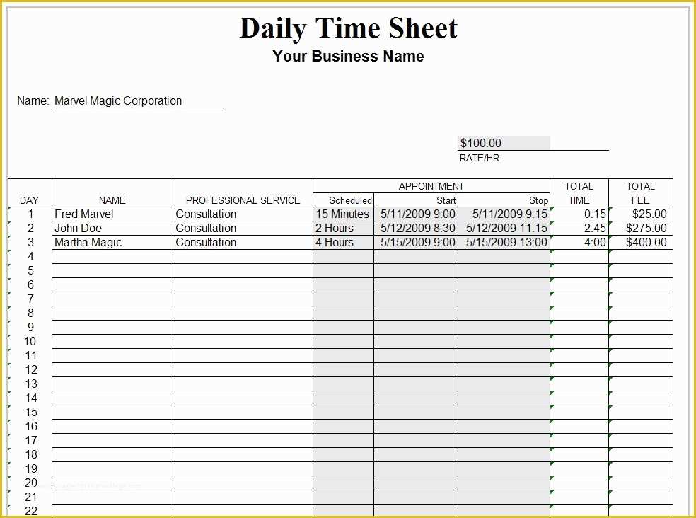 Daily Timesheet Template Free Printable Of Timesheet Template