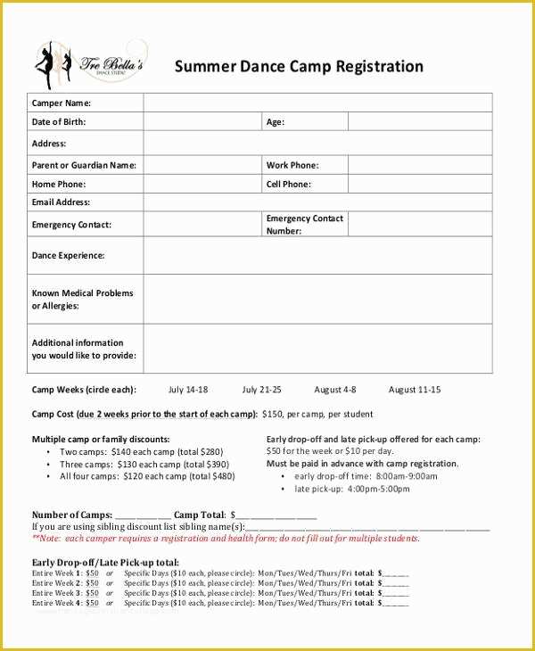 Dance Registration form Template Free Of 10 Summer Camp Registration form Samples Free Sample