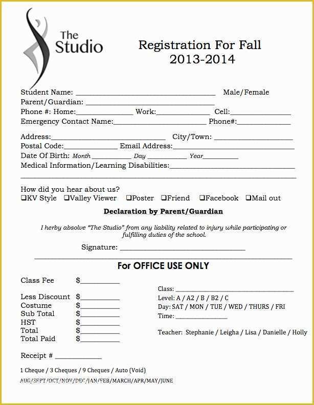 Dance Registration form Template Free Of 2014 Schedules & forms the Studio Dance School