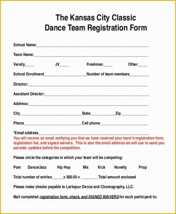 Dance Registration form Template Free Of 8 Team Registration form Samples Free Sample Example