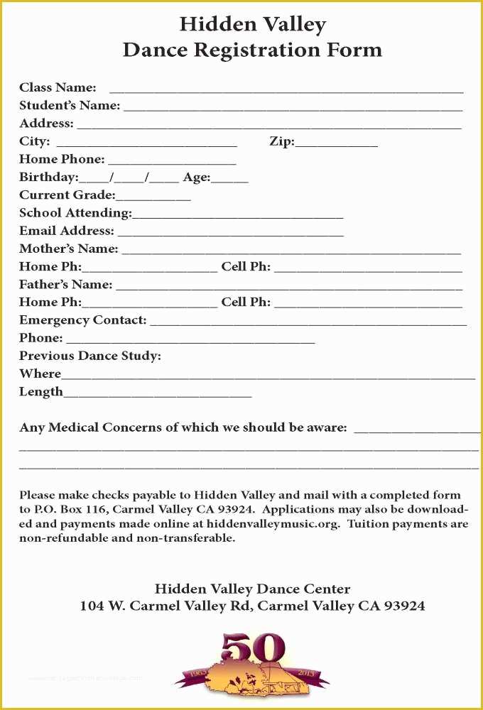 Dance Registration form Template Free Of Dance Registration form Hidden Valley Music Seminars An