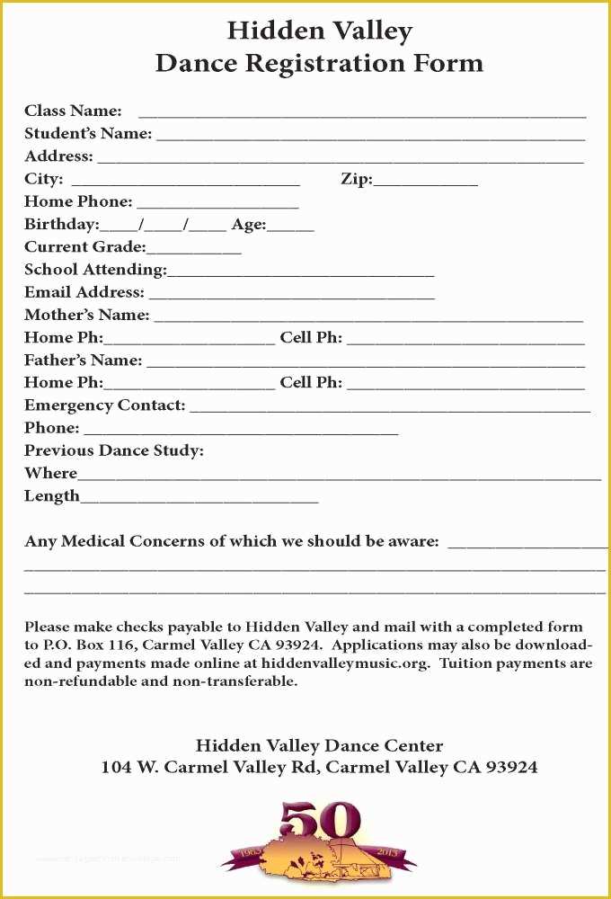 Dance Registration form Template Free Of Dance Registration form Hidden Valley Music Seminars An