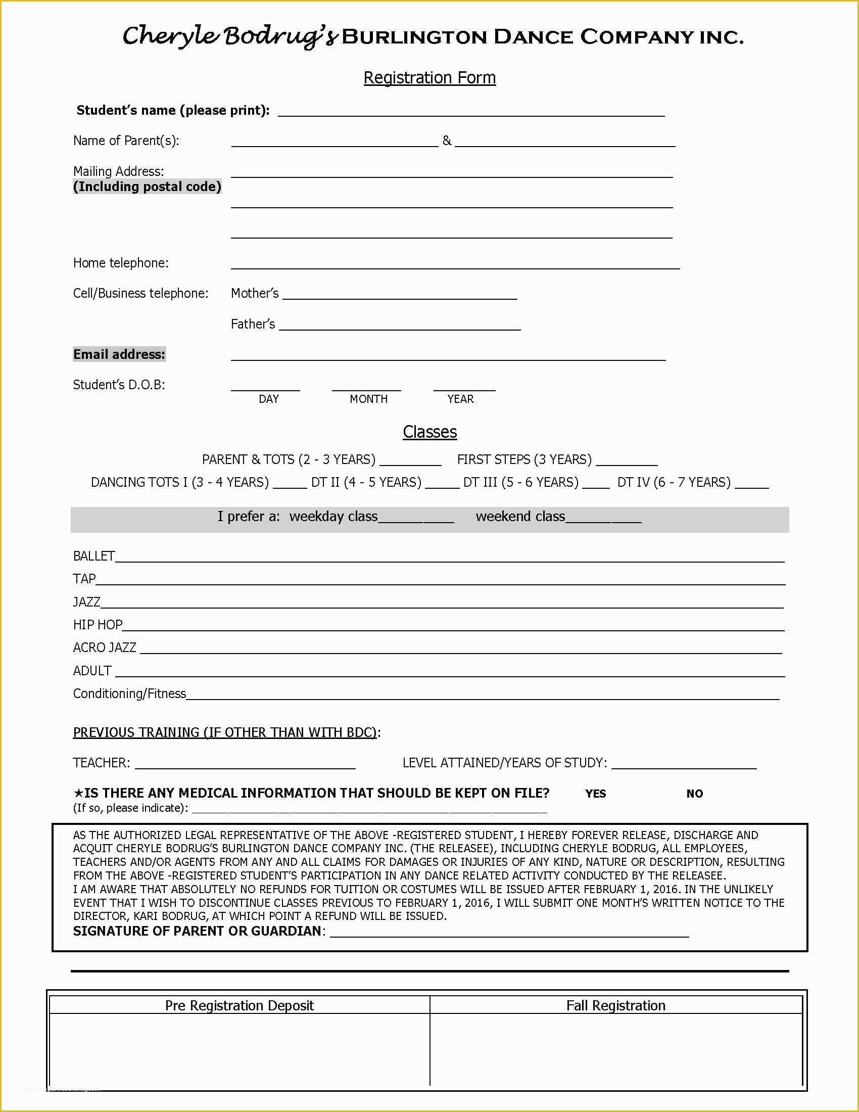 Dance Registration form Template Free Of Pre Registration for 2015 2016