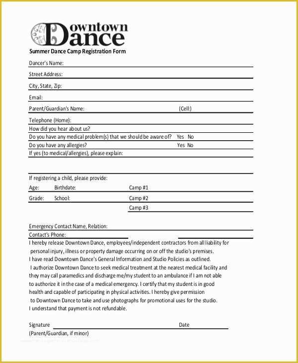 Dance Registration form Template Free Of Sample Summer Camp Registration form 10 Free Documents