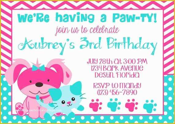 Dog Birthday Party Invitations Templates Free Of Puppy & Kitty 5x7 Invitation Girl Birthday Party Printable