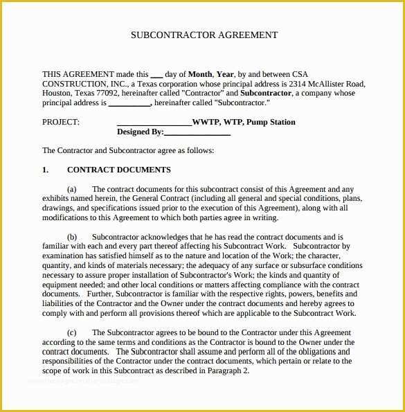Dom Sub Contract Template Free Of 15 Sample Subcontractor Agreements