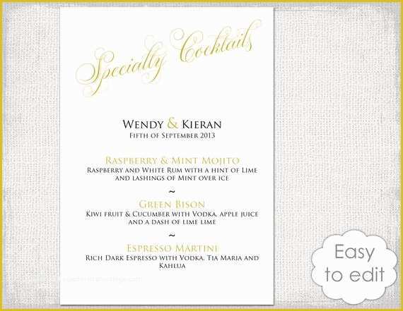 Drink Menu Template Free Of Cocktail Menu Template Printable Gold Wedding Signature Drinks