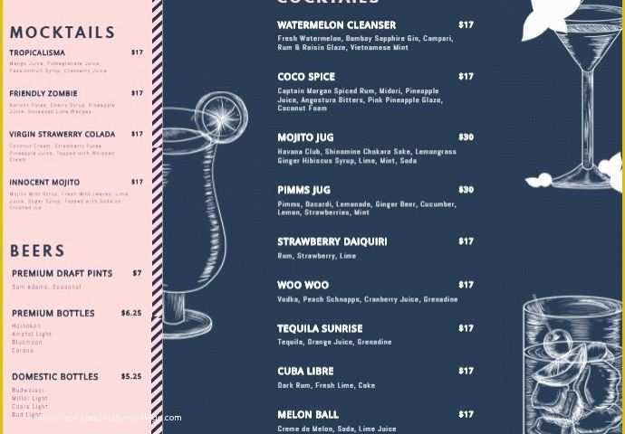 Drink Menu Template Free Of Customize Free Cocktail Menu Templates