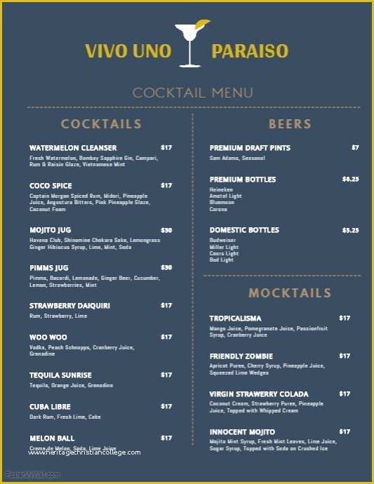 Drink Menu Template Free Of Minimal Cocktail Menu Template