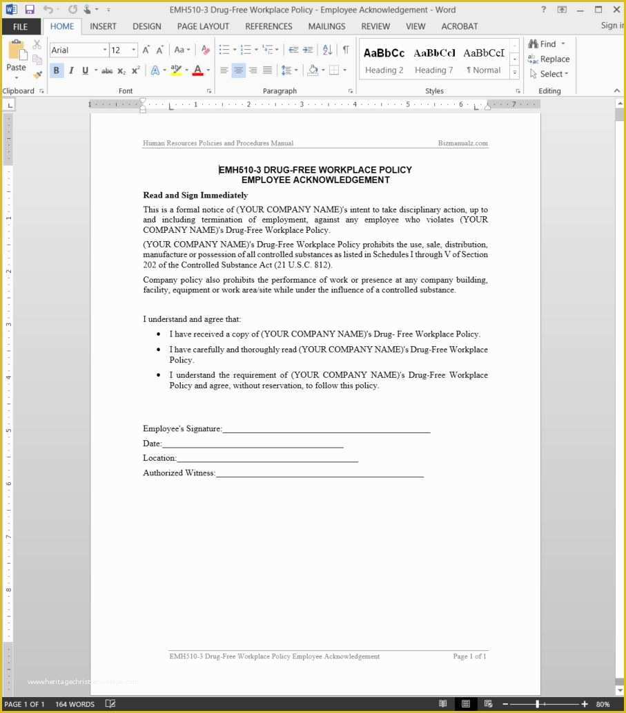 Drug Free Workplace Policy Template Of Drug Free Workplace Acknowledgement Template