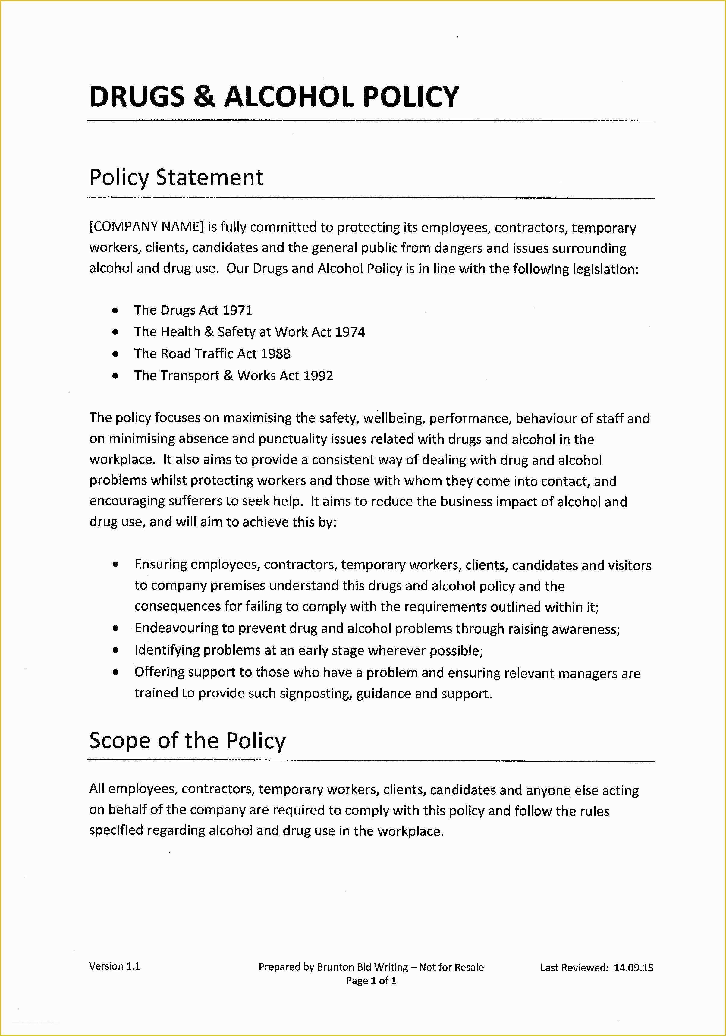 Drug Free Workplace Policy Template Of Drugs & Alcohol Policy Template