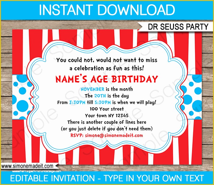 Editable Birthday Invitations Templates Free Of Dr Seuss Party Invitations Birthday Party