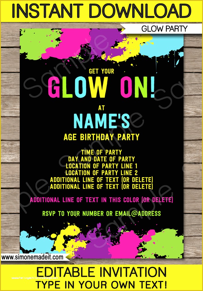 Editable Birthday Invitations Templates Free Of Neon Glow Party Invitations Template