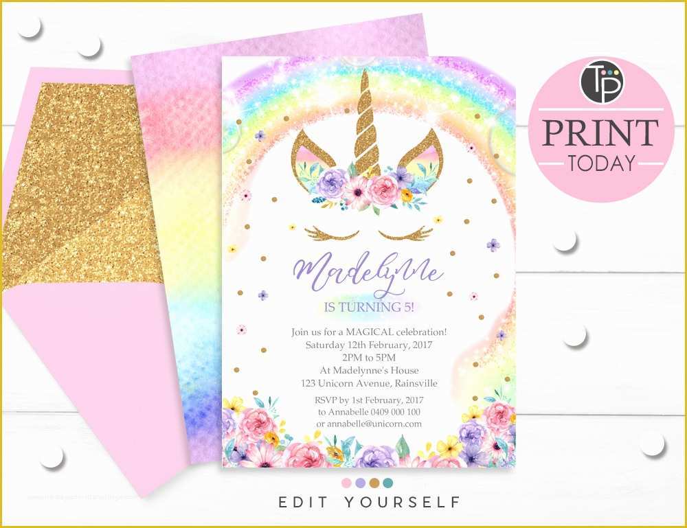 Editable Birthday Invitations Templates Free Of Rainbow Unicorn Invitation Editable Template Edit at Home
