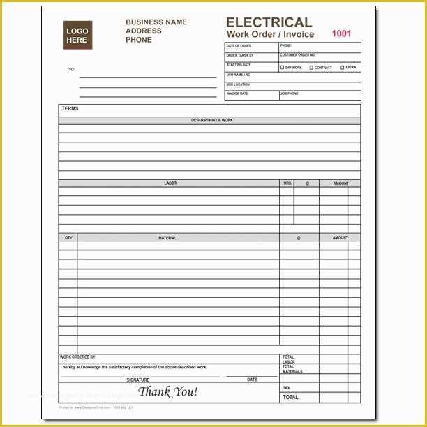Electrical Contractor Invoice Template Free Of Electrical Pany Work order Carbonless Invoice form