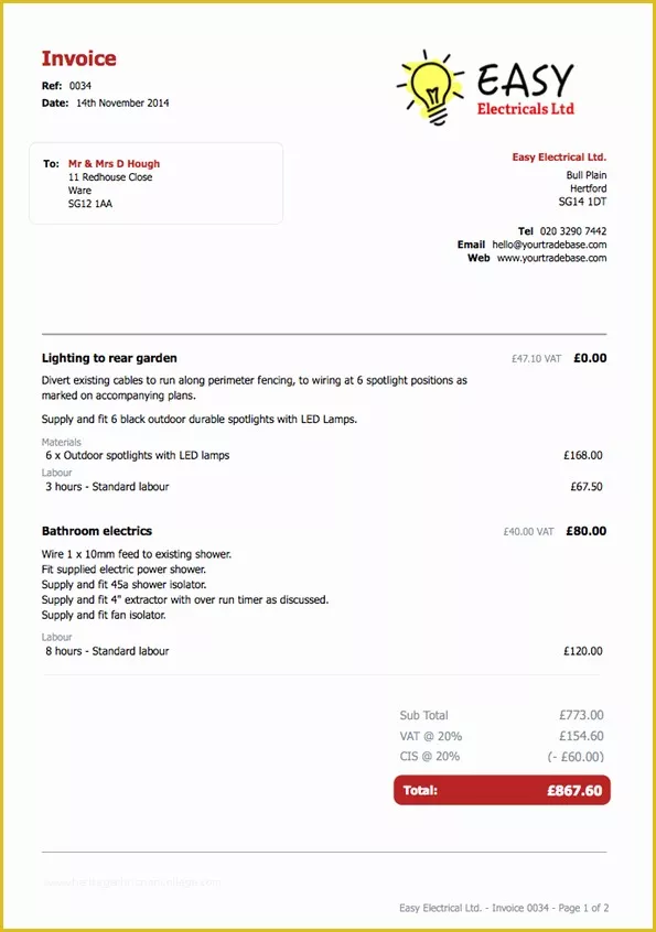 Electrician Invoice Template Free Of Electrician Invoice Template Yourtradebase