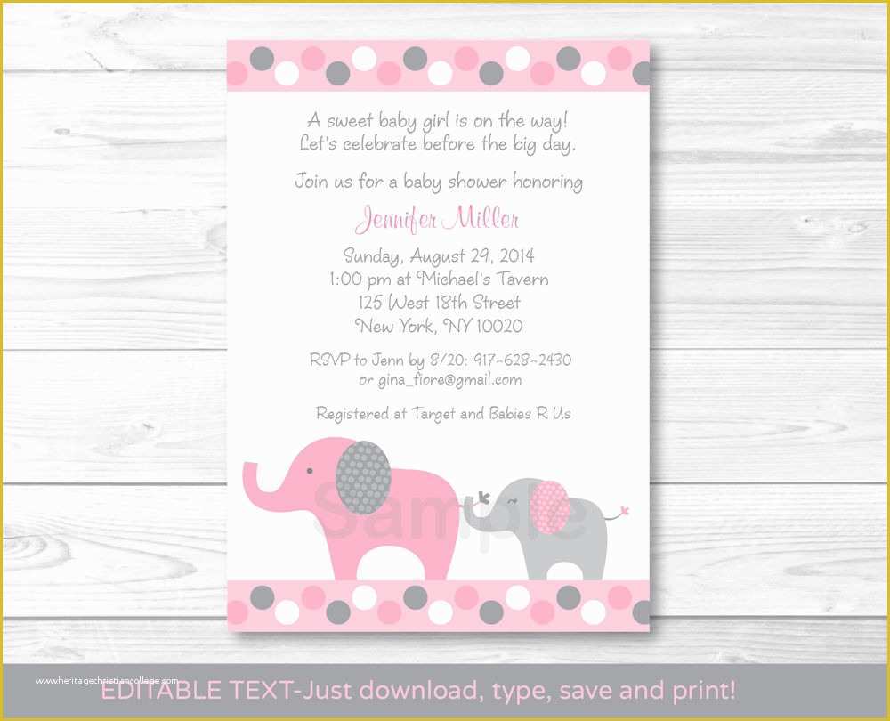Elephant Baby Shower Invitations Free Template Of Pink and Gray Polka Dot Elephant Printable Baby Shower
