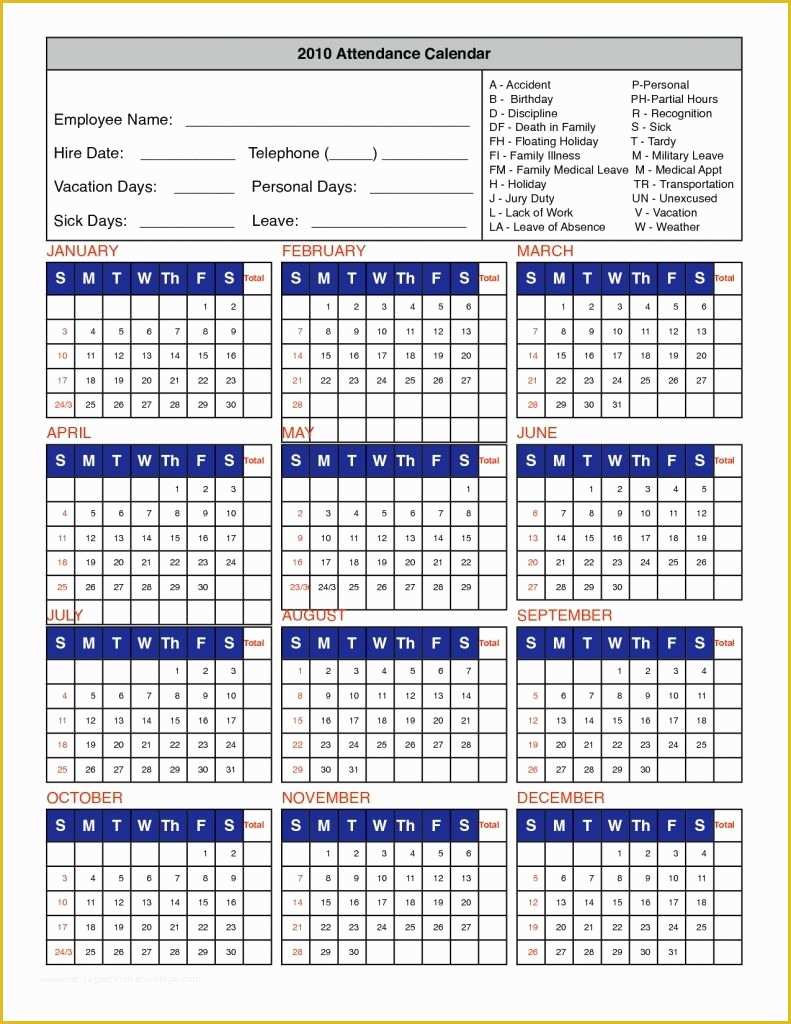 Employee attendance Tracker Template Free Of Free Printable Employee attendance Calendar Template 2016