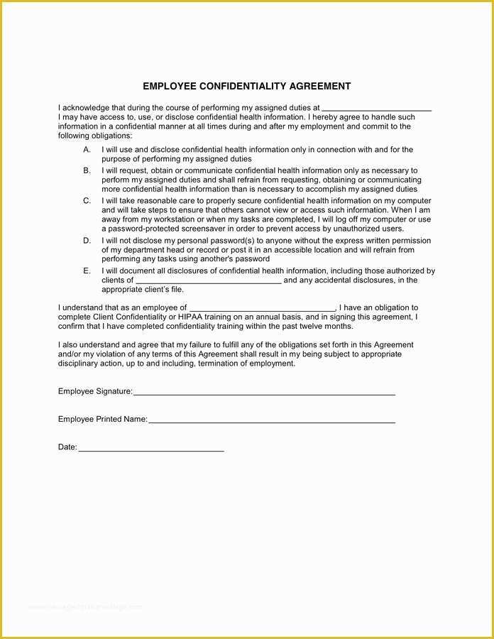 Employee Confidentiality Agreement Template Free Of 24 Simple Free Hipaa Employee Confidentiality Agreement