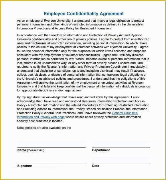 Employee Confidentiality Agreement Template Free Of Confidentiality Agreement Template 7 Download Free