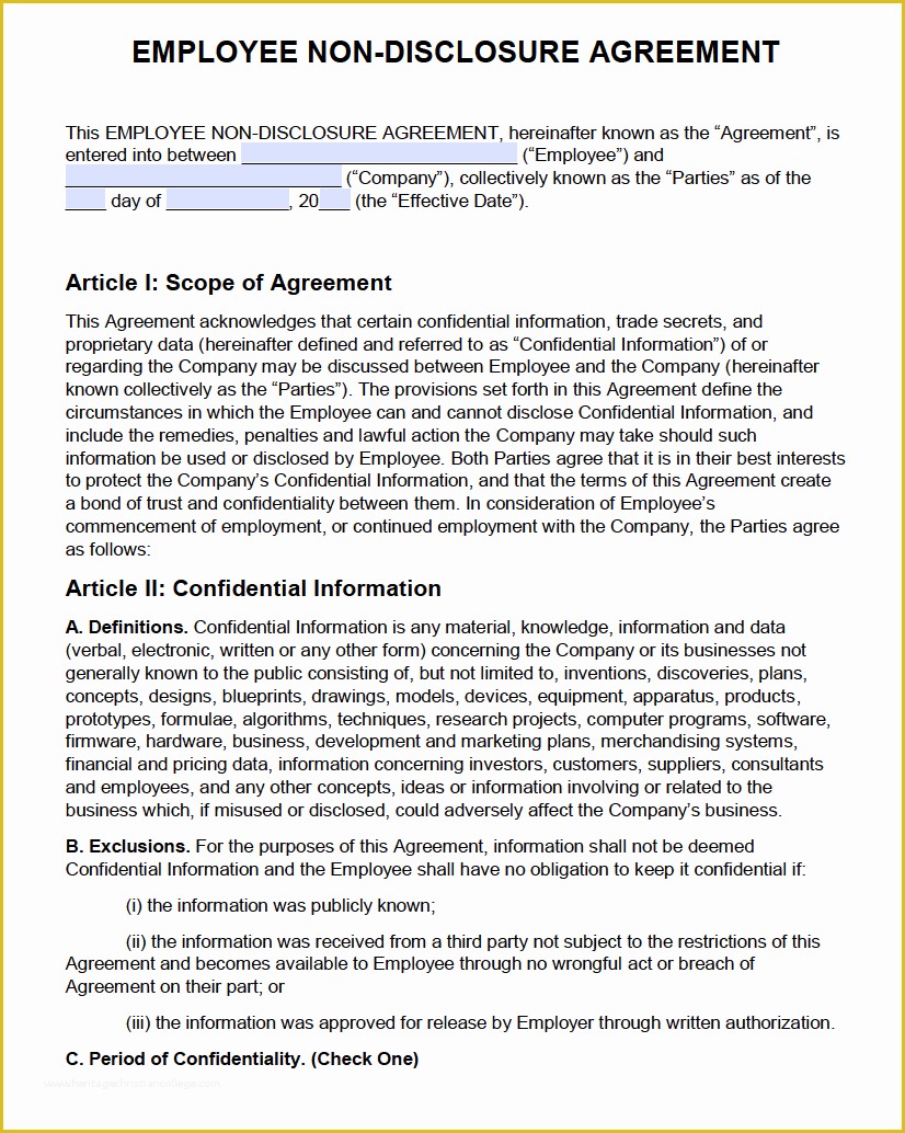 Employee Confidentiality Agreement Template Free Of Free Employee Non Disclosure Agreement Nda Pdf