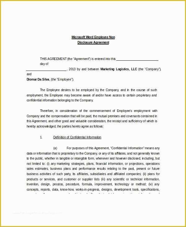 Employee Confidentiality Agreement Template Free Of Non Disclosure and Confidentiality Agreement – 8 Free