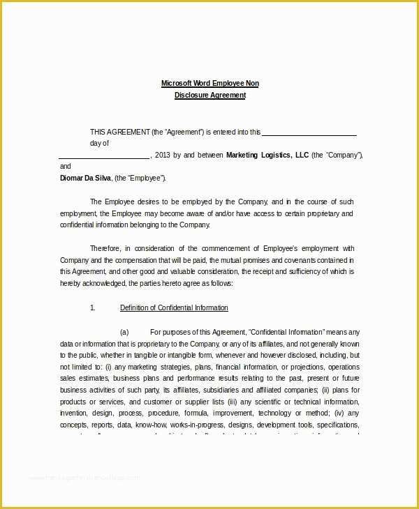 Employee Confidentiality Agreement Template Free Of Non Disclosure and Confidentiality Agreement – 8 Free