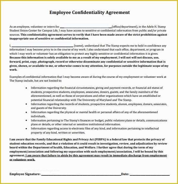 Employee Confidentiality Agreement Template Free Of Sample Employee Confidentiality Agreement 9 Free