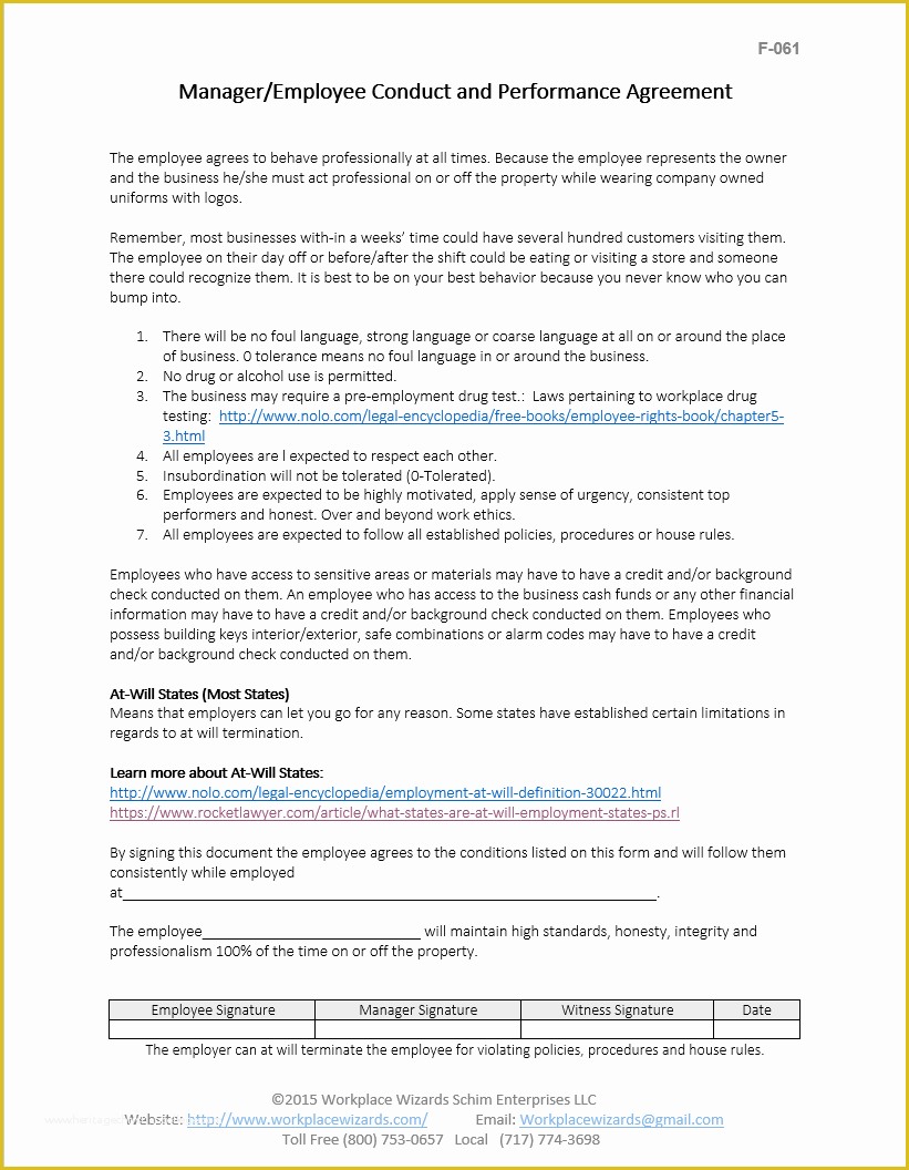Employee Performance Agreement Template Free Of Employee Conduct Performance Agreement form Workplace Wizards