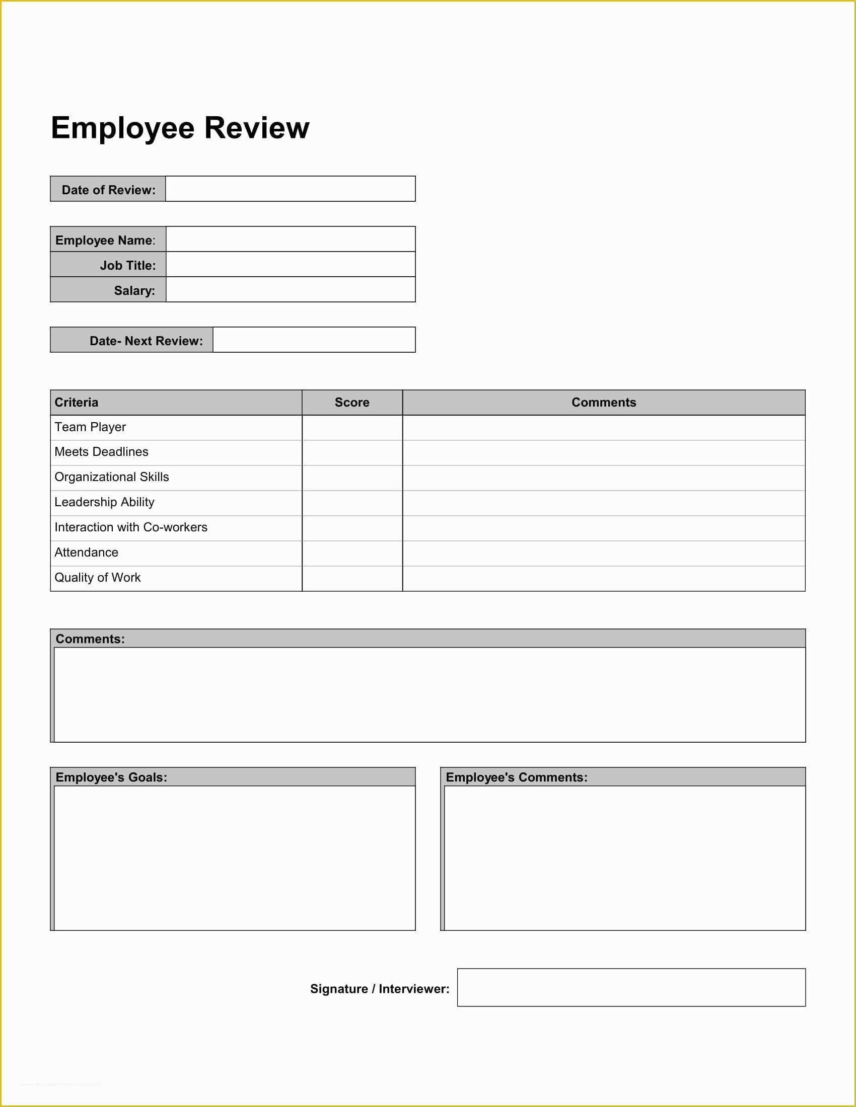 Employee Review form Template Free Of 10 Work Review forms Free Word Pdf format Download
